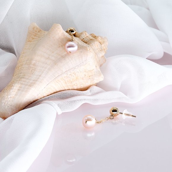 Blush Pearl Dainty Drop Earrings, 14K Gold Filled Ball Post Studs - Picture 6 of 10